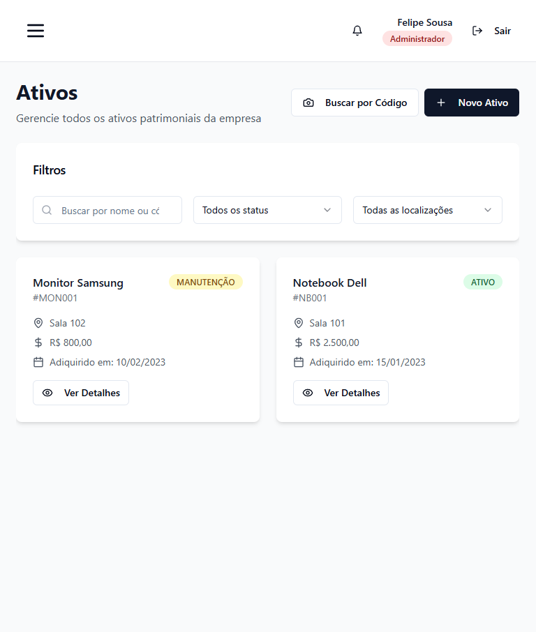 Lista de ativos do Armazena aberta em um tablet